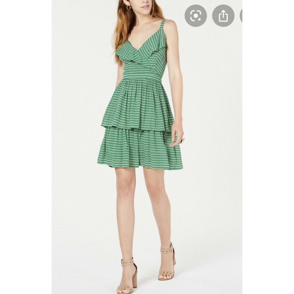 Bar III Printed Ruffled Dress Sz 12 Women's Green White Fit And Flare Sleeveless